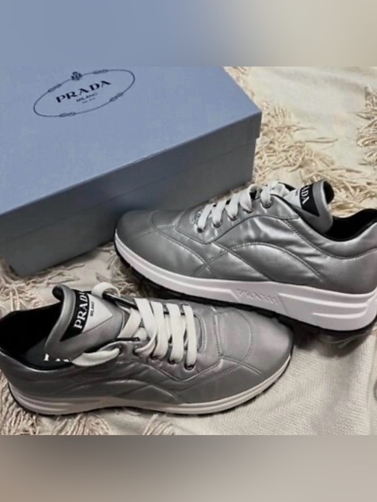 Prada Shoes - Prada Men’s Metallic Silver Leather Sneakers Y2K